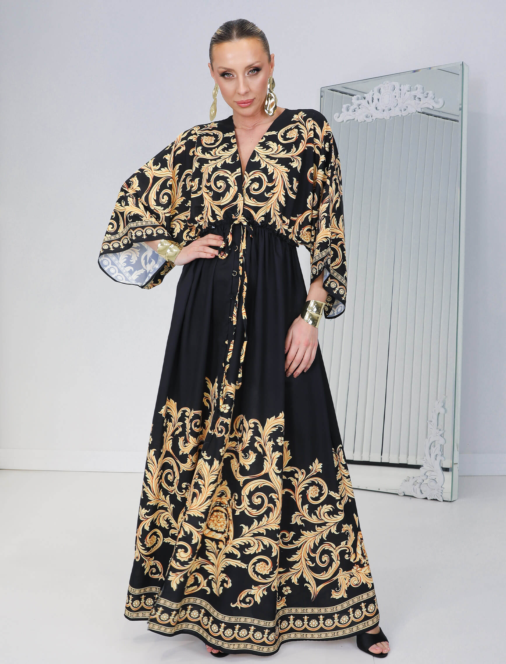 Siyah Gold Damask Baroc Elbise