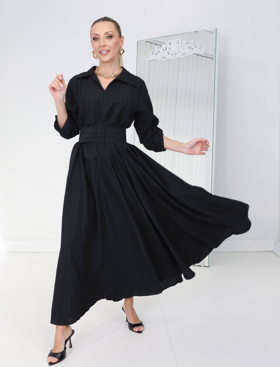 Siyah Omnia Gofre Elbise