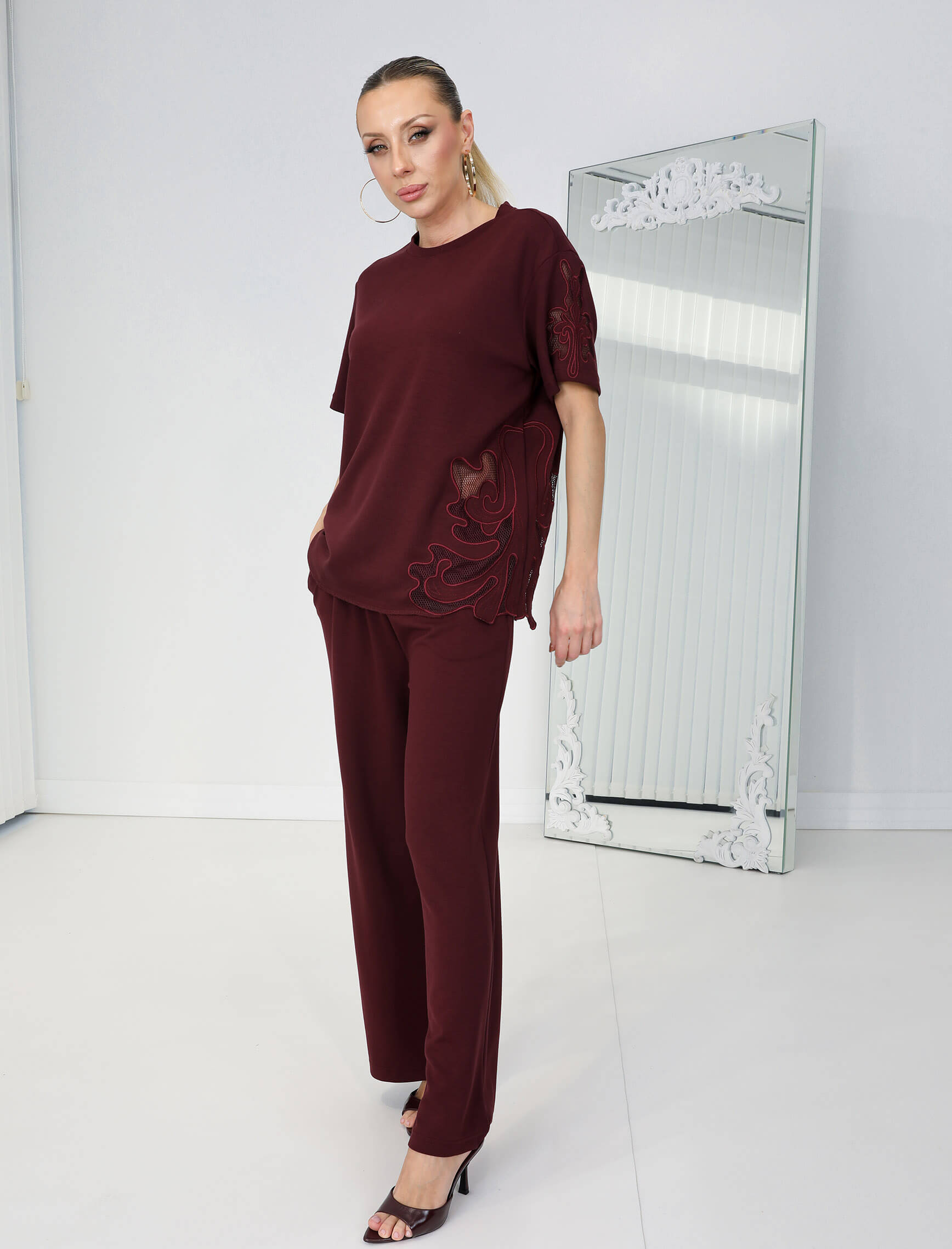 Bordo Geramo Nakışlı Takım