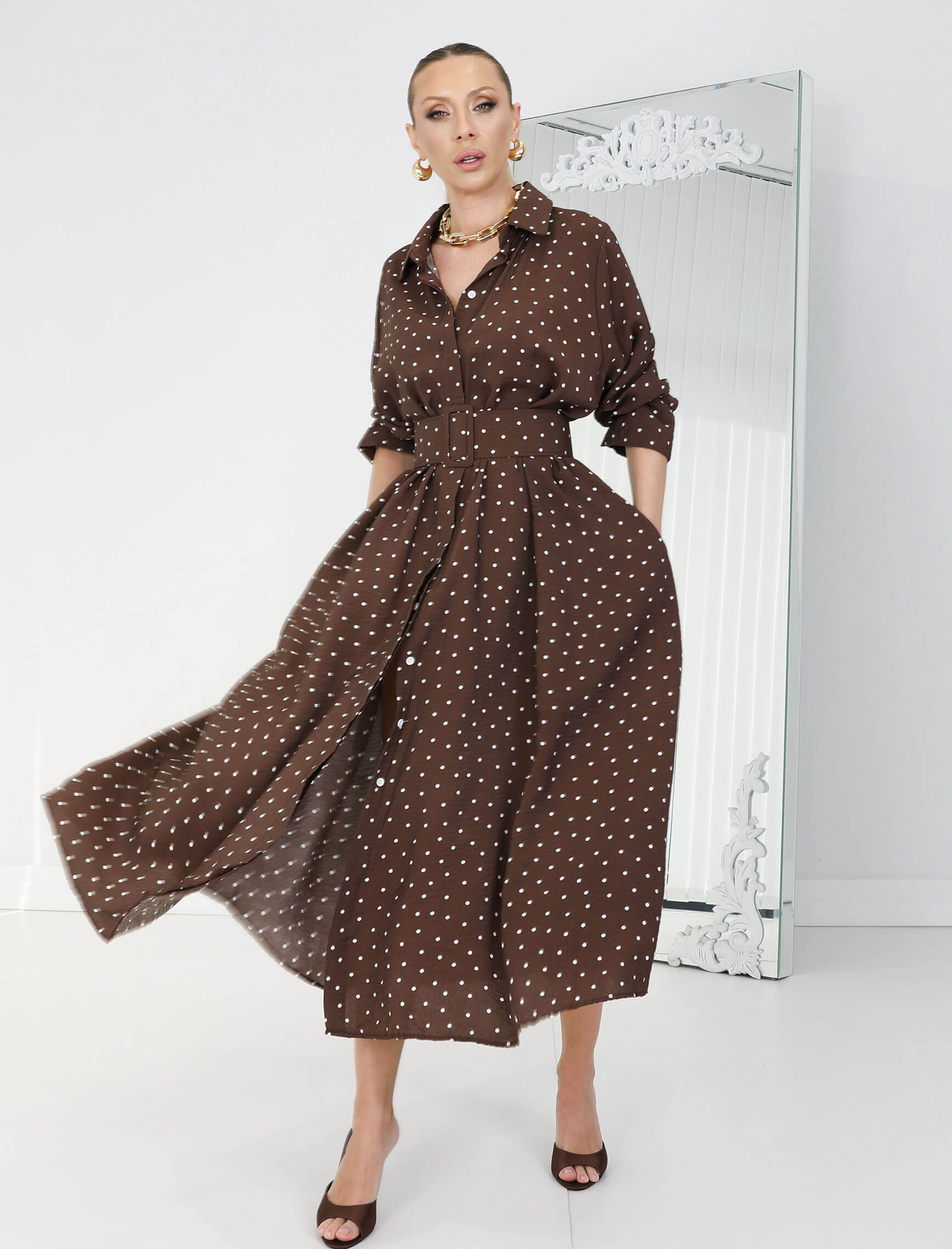 Kahve Ekru Puantiye Rosso Elbise