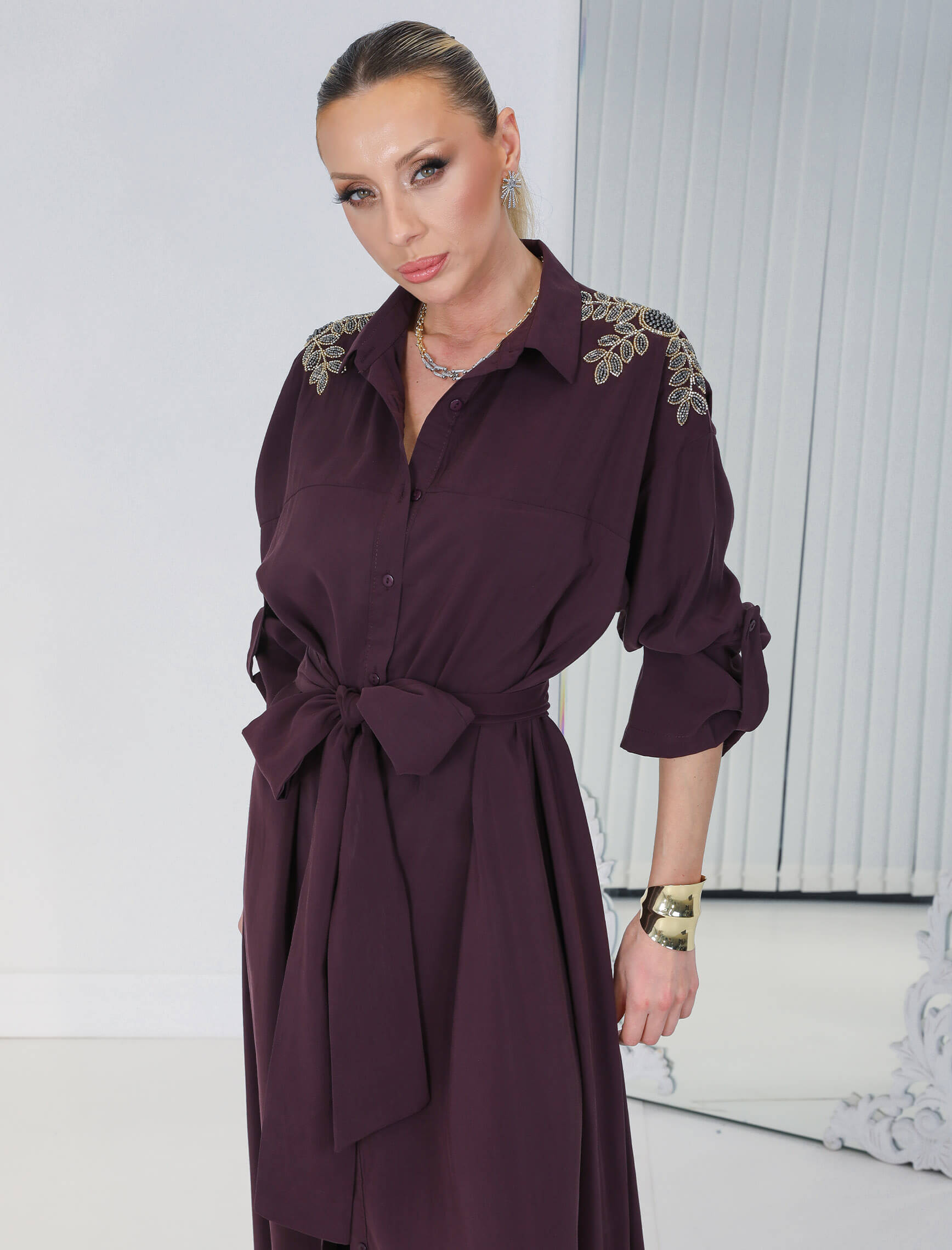 Mürdüm Mihra Gömlek Elbise - Görsel 6