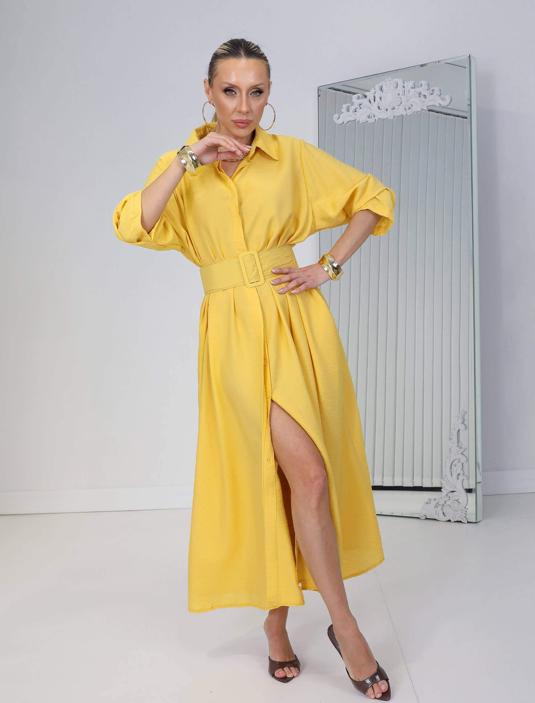 Sarı Kemerli Rosso Elbise