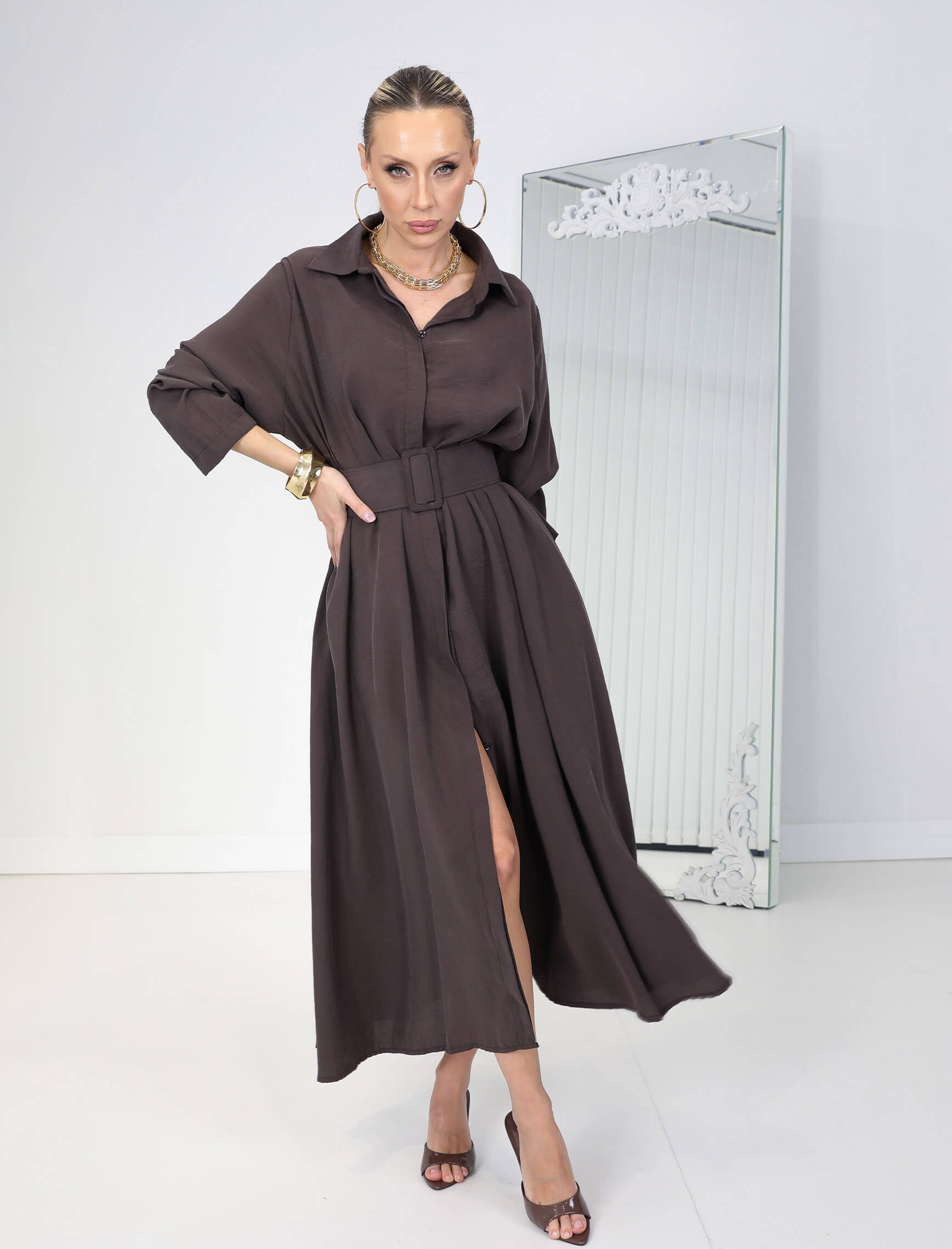 Koyu Kahve Kemerli Rosso Elbise - Görsel 5