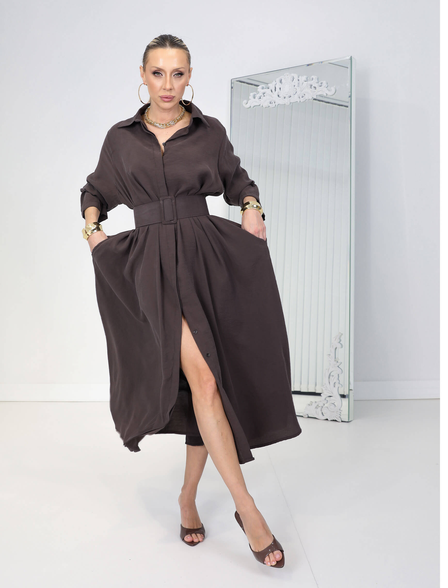 Koyu Kahve Kemerli Rosso Elbise - Görsel 3