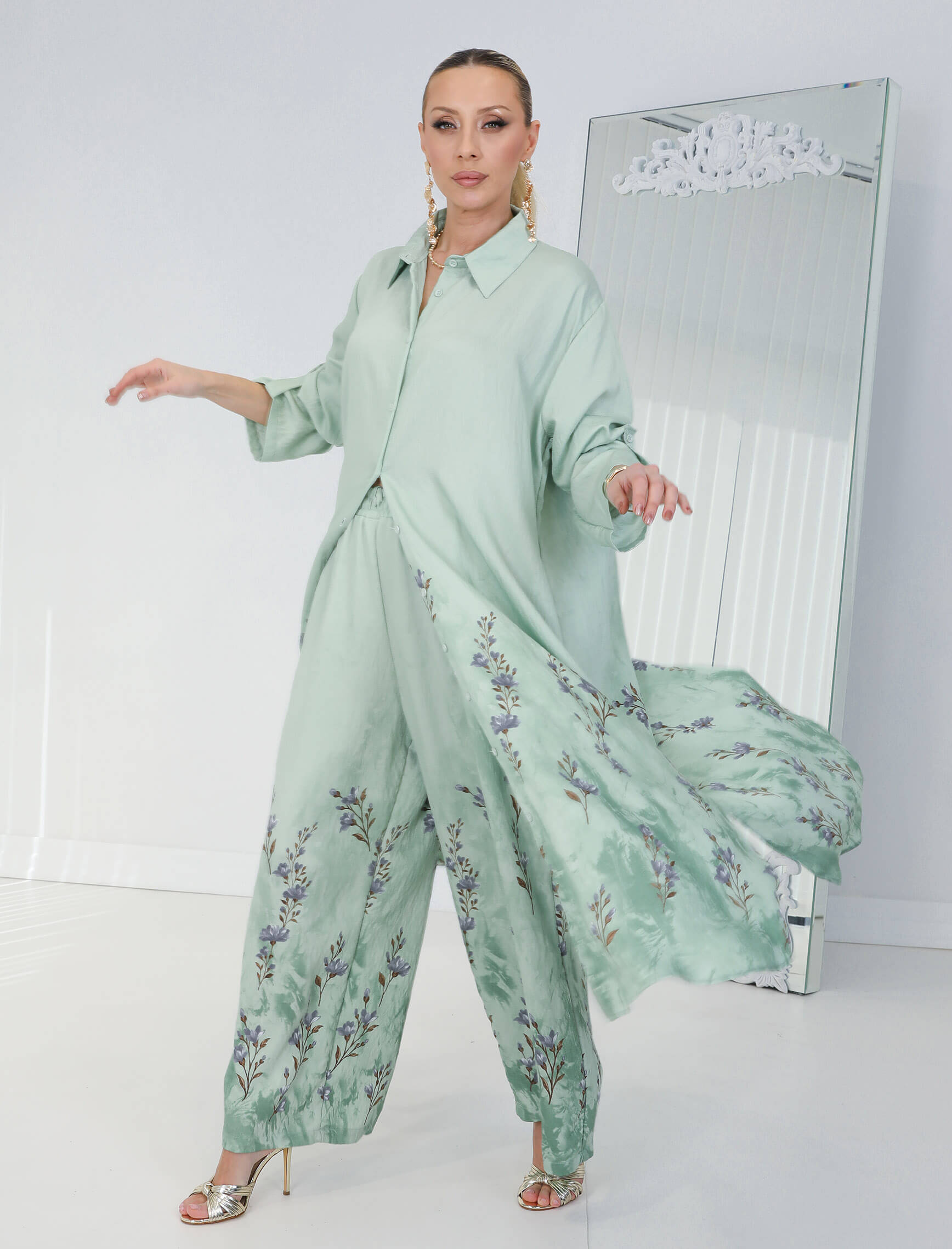 Mint Pembe Kiraz Çiçeği Tunik Takım