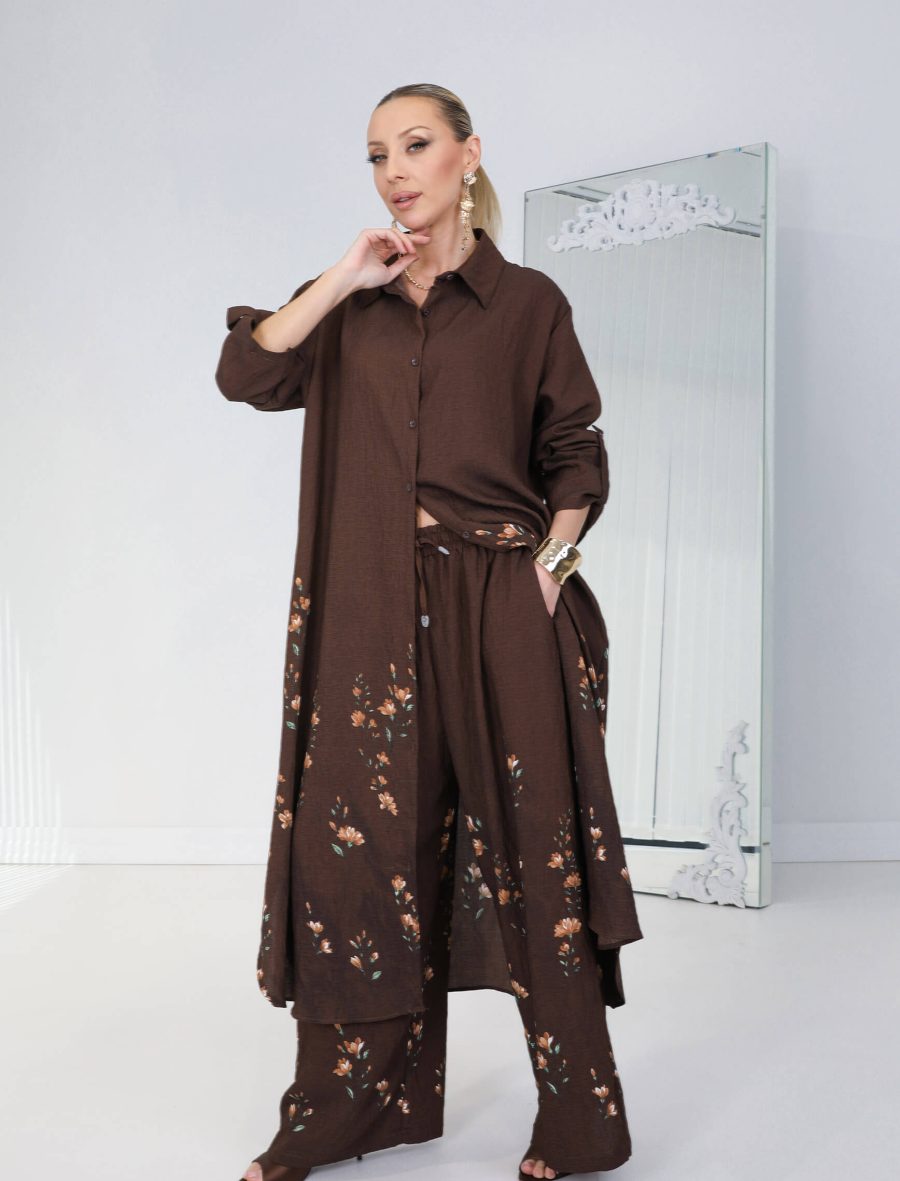 Kahverengi Kiraz Çiçeği Tunik Takım