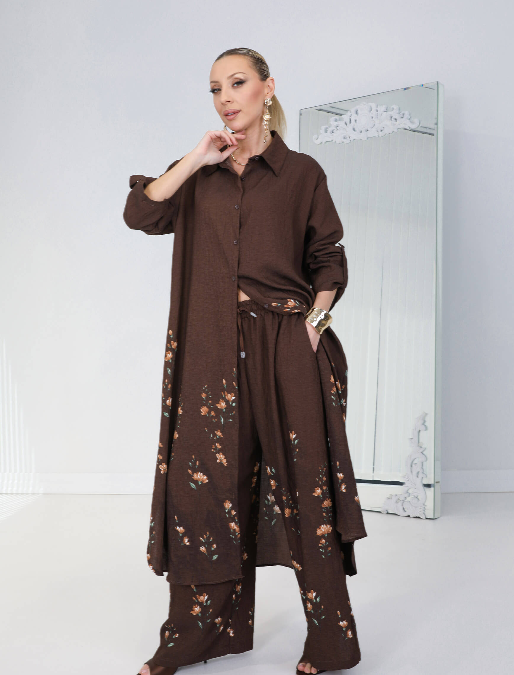 Kahverengi Kiraz Çiçeği Tunik Takım