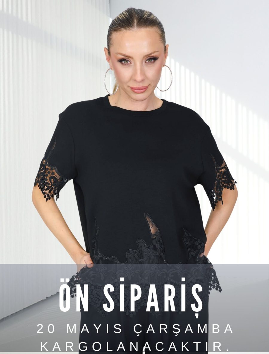 Siyah Danetlli Pizzo Tshirt