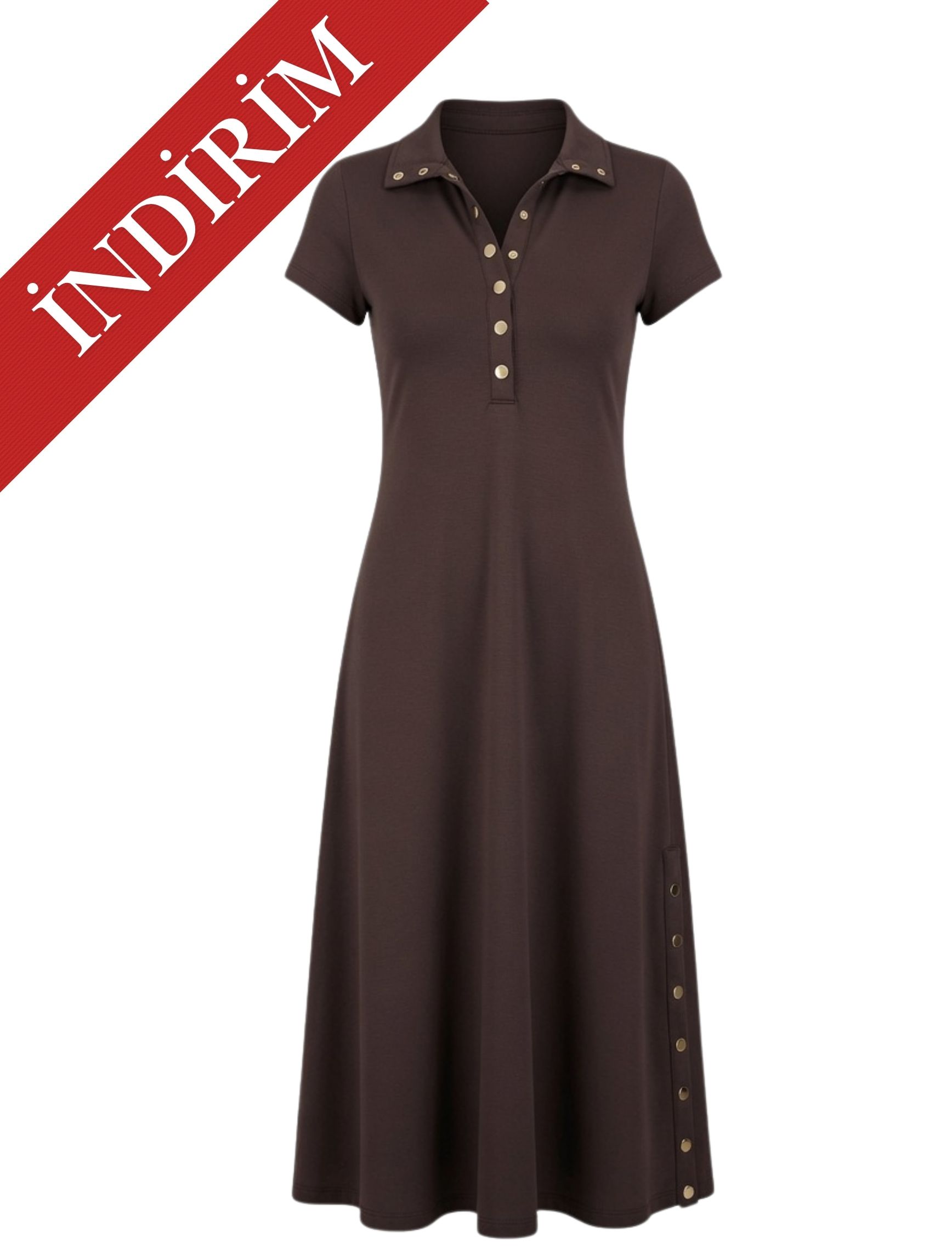 Kahve Çıtçıt Kısa Kol Alora Elbise – OUTLET