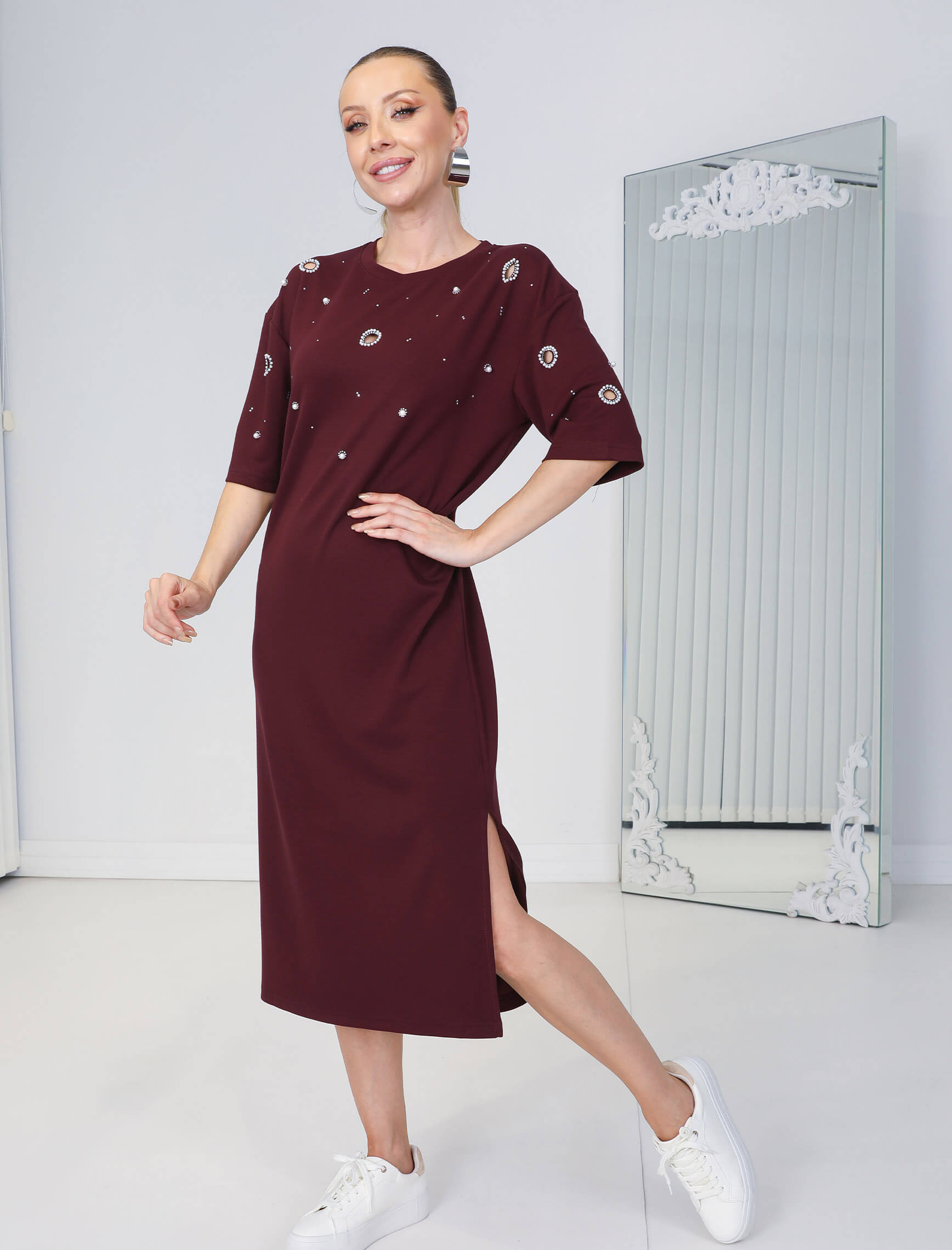 Bordo İnci Dekolte Modal Elbise
