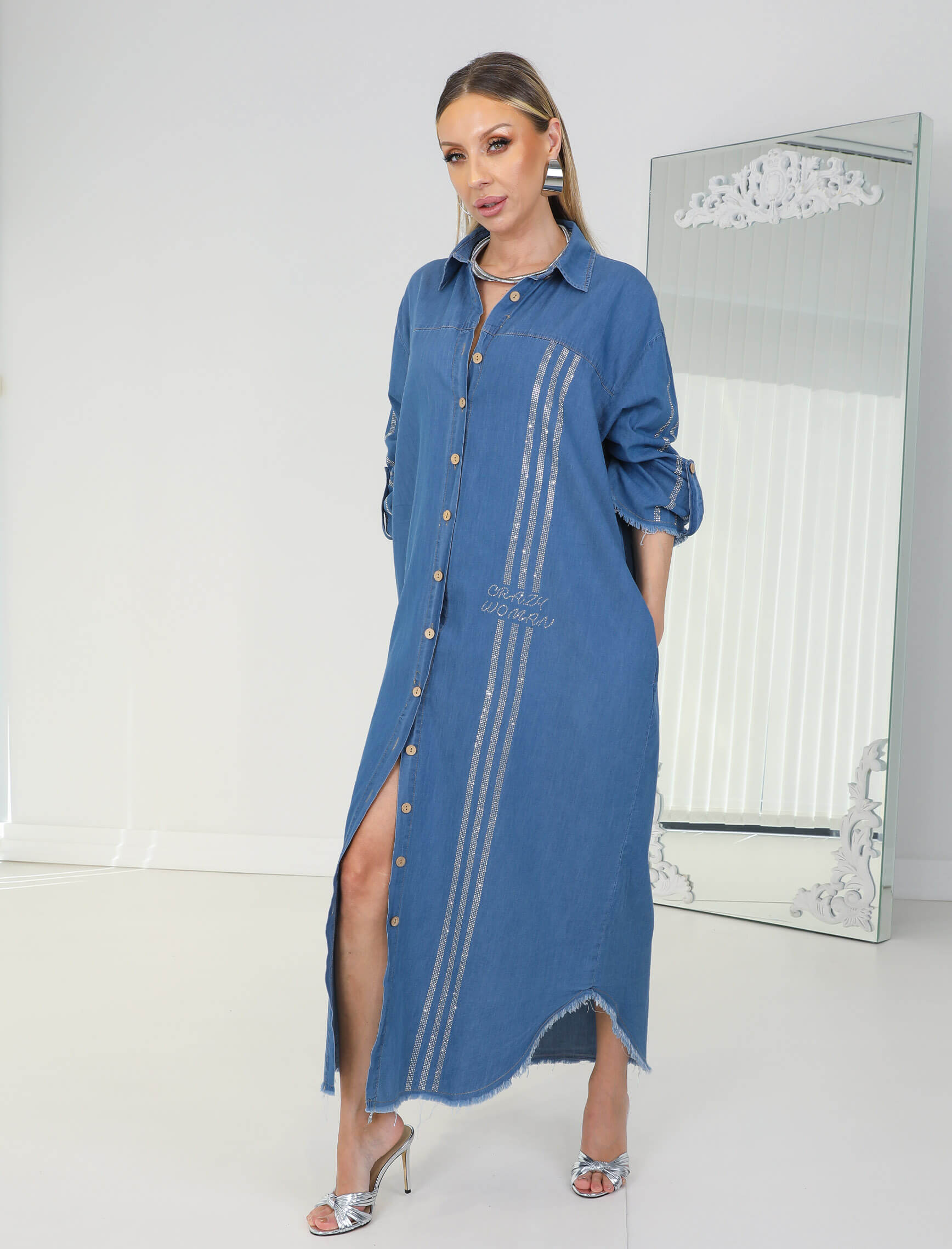 Taş işleme Santa Tensel Jean Gömlek Elbise