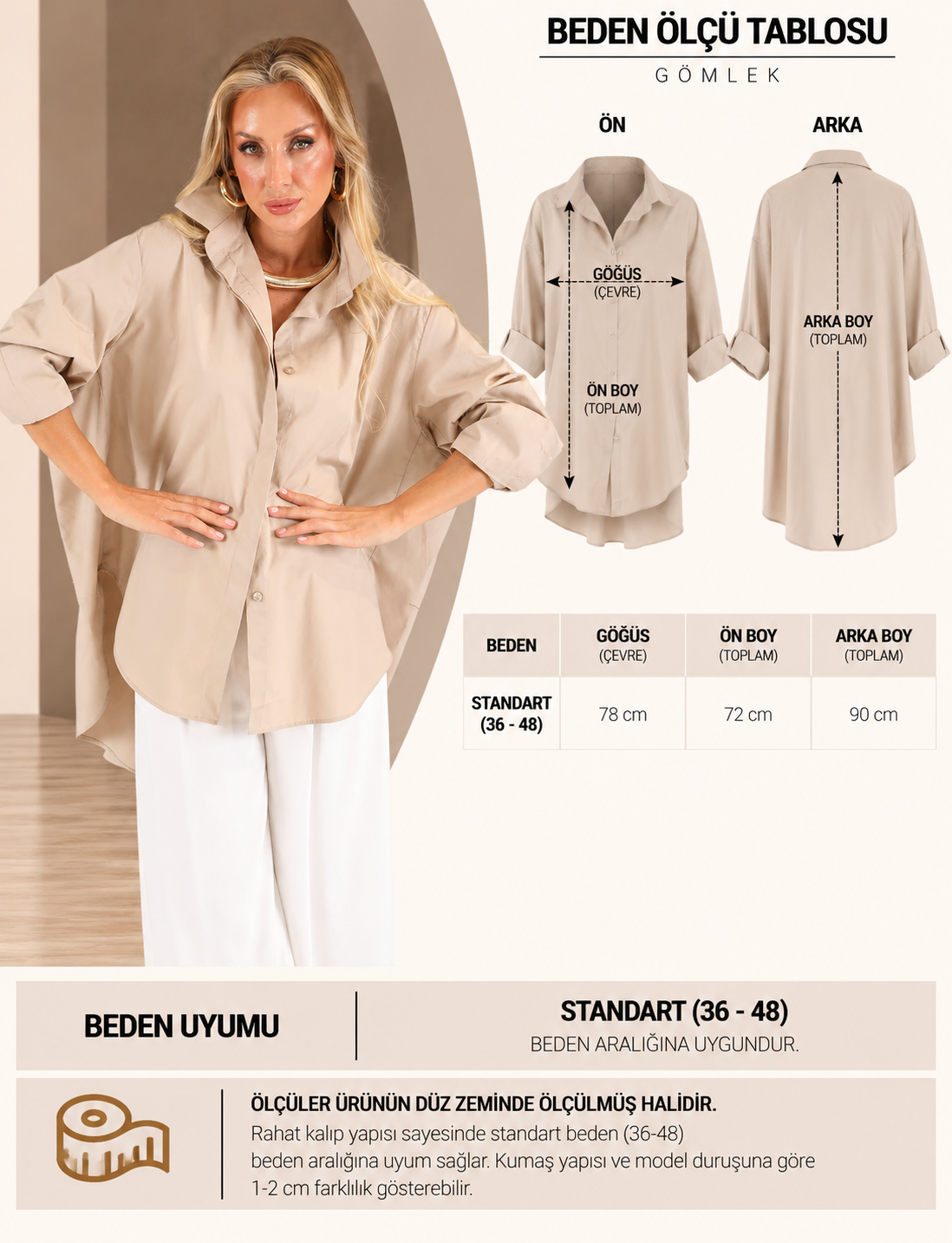 Krem Verona Oversize Gömlek - Görsel 5