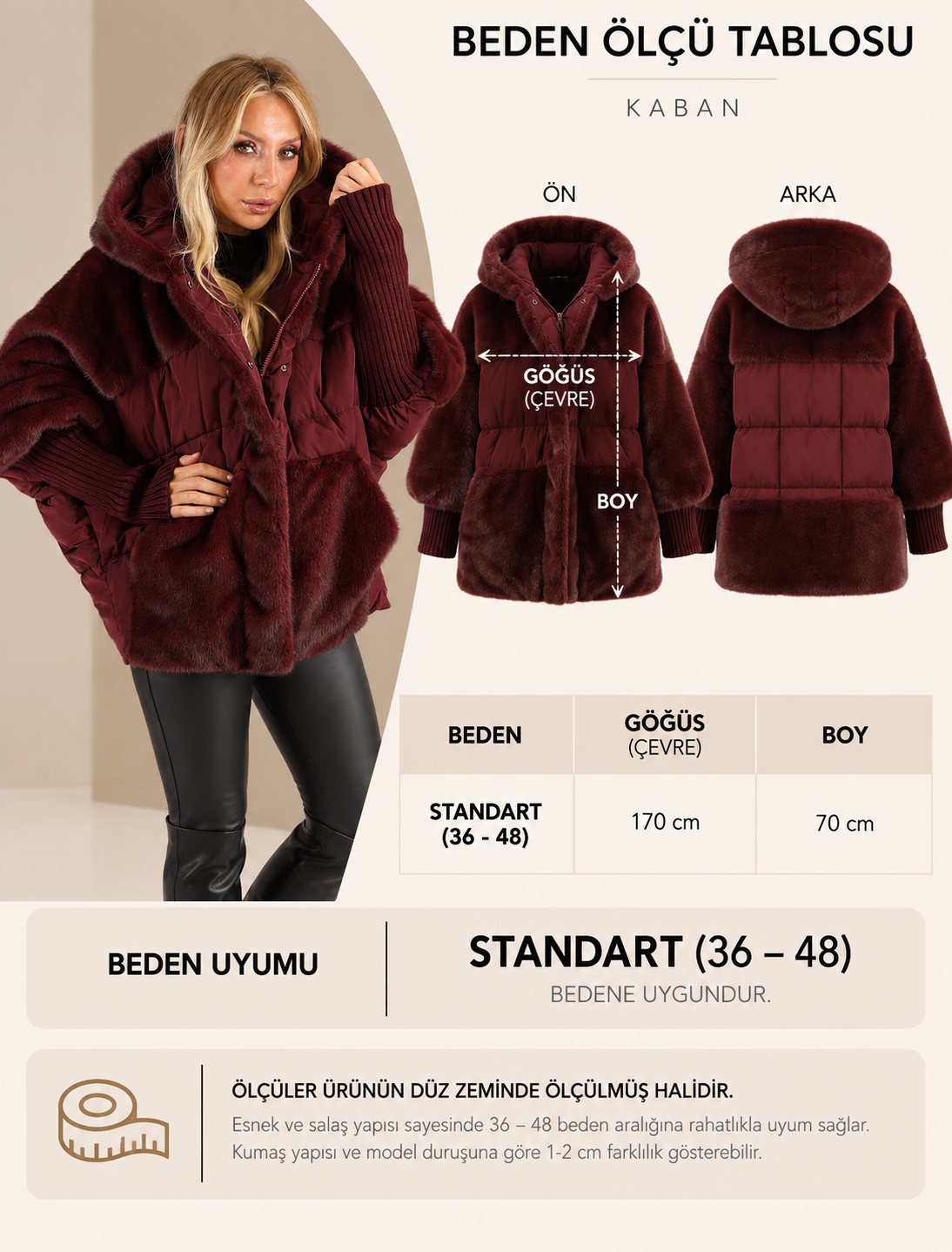 Bordo Mionette Puffer - Kürk - Görsel 8